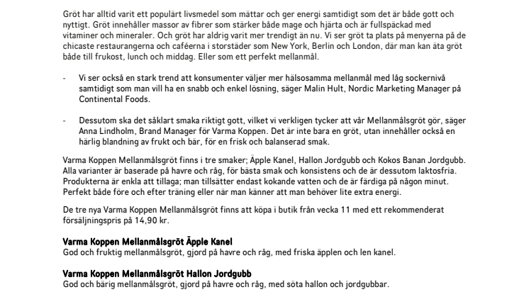 Grötig nyhet - Varma Koppen Mellanmålsgröt med smak av frukt och bär