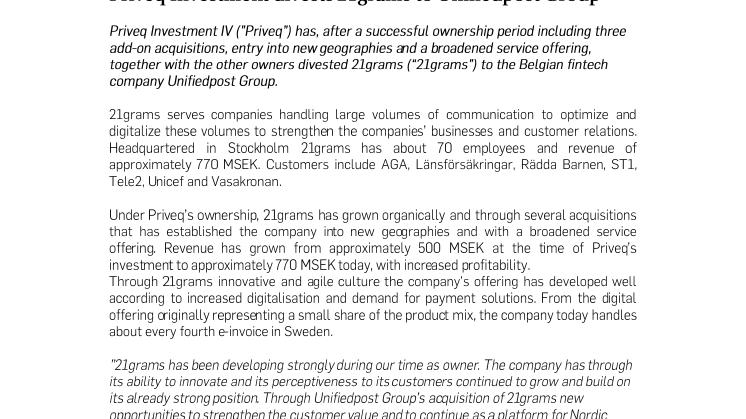 Priveq Investment divests 21grams to Unifiedpost Group