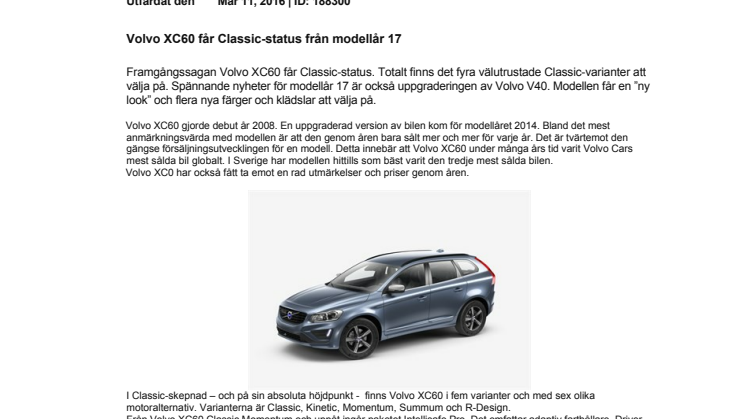 Volvo XC60 får Classic-status från modellår 17