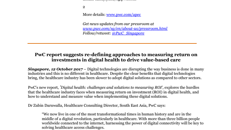 PwC report suggests re-defining approaches to measuring return on investments in digital health to drive value-based care 