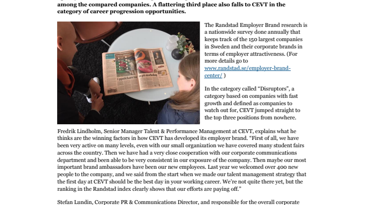 CEVT ranked as one of the most attractive employers in Sweden