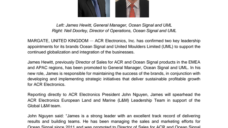 ACR Electronics Confirms Leadership Appointments at Ocean Signal and United Moulders Limited