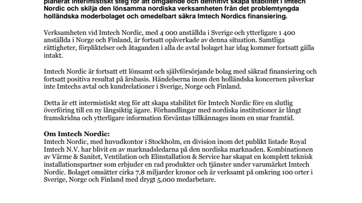 Royal Imtech N.V. säljer Imtech Nordic