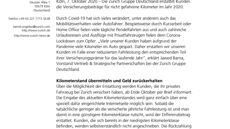   Geringere Fahrleistung wegen Covid-19: Zurich erstattet Kfz-Versicherungsbeiträge anteilig
