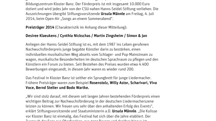 Zum 28. Mal „Songs an einem Sommerabend“ und Verleihung des Nachwuchsförderpreises für junge Liedermacher in Kloster Banz