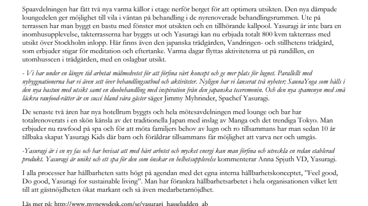 Yasuragi Hasseludden; Årets Spa i Spa Star Awards
