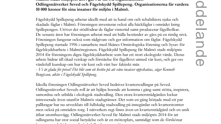 Fågelskydd Spillepeng och Odlingsnätverk Seved får miljöpris