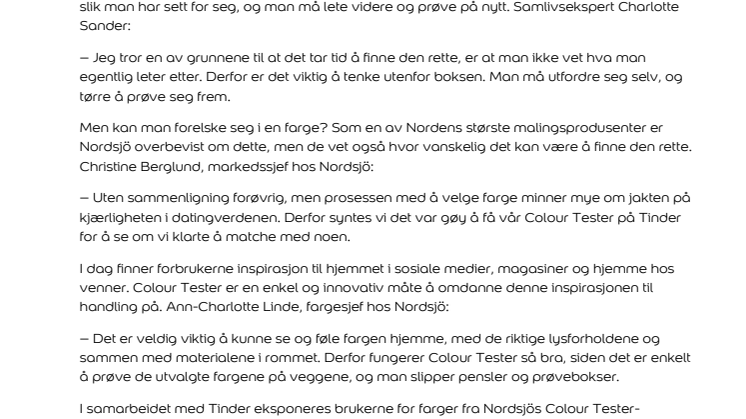 Tinder og Nordsjö innleder et romantisk samarbeid