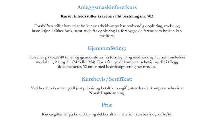 Invitasjon til anleggsmaskinfører kurs på Eleverom - oppstart 29 september 2017