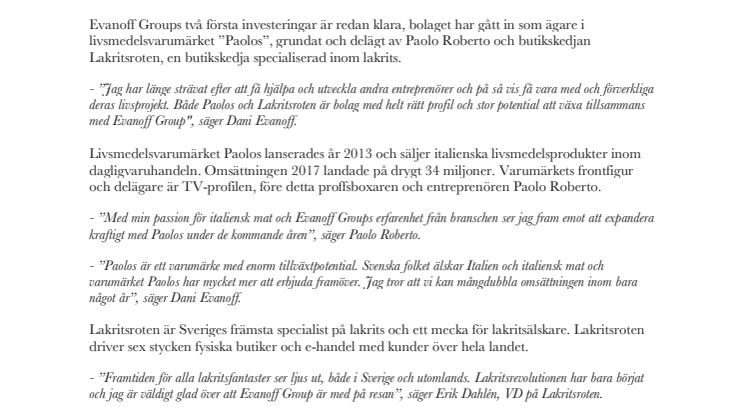 Dani Evanoff lämnar Cloetta - investerar i Paolo Robertos livsmedelsvarumärke Paolos och butikskedjan Lakritsroten