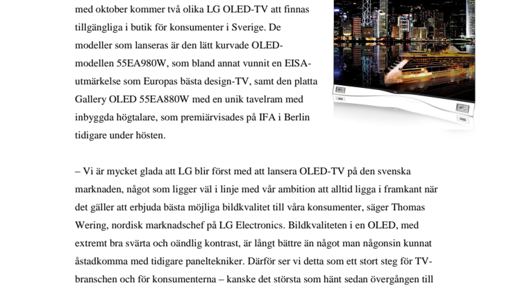ÅRETS MEST EFTERLÄNGTADE NYHET – LG:S OLED-TV TILLGÄNGLIG I SVERIGE FRÅN OKTOBER