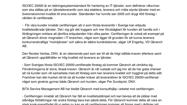 QBRANCH - SVERIGES FÖRSTA ISO/IEC 20000-CERTIFIERADE FÖRETAG