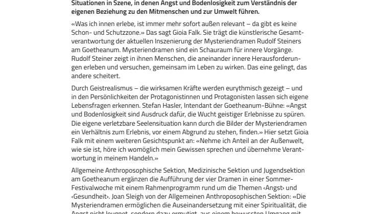 «Eine Spiritualität, die ermutigt, ohne die Angst zu verleugnen». ​Sommer-Festspielwoche mit den vier Mysteriendramen Rudolf Steiners