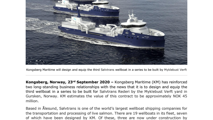 Kongsberg Maritime consolidates construction and shipping partnerships with third wellboat contract win