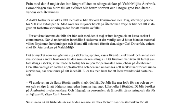 Nej tack till säckar på återbruken från och med den 5 maj