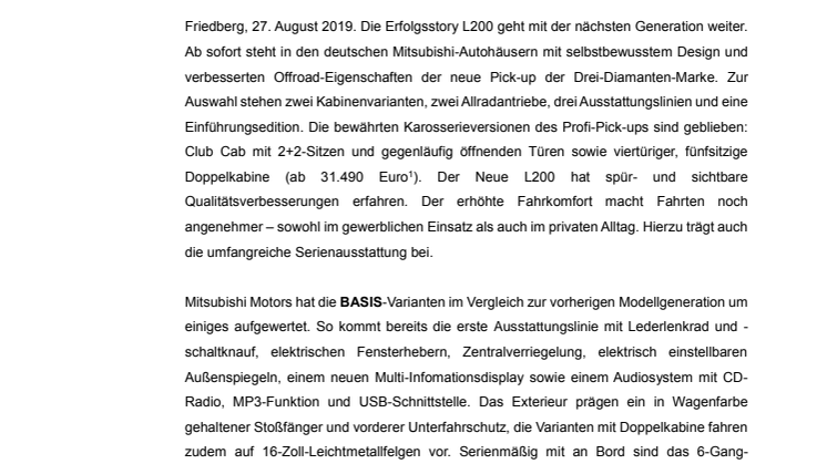 Neuer Mitsubishi L200 zu Preisen ab 29.690 Euro*  im Handel