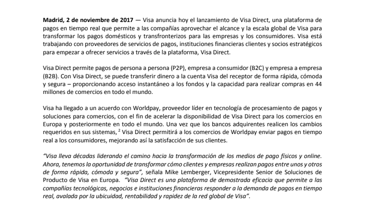 Visa transforma los pagos en Europa con Visa Direct – una plataforma en tiempo real de alcance global