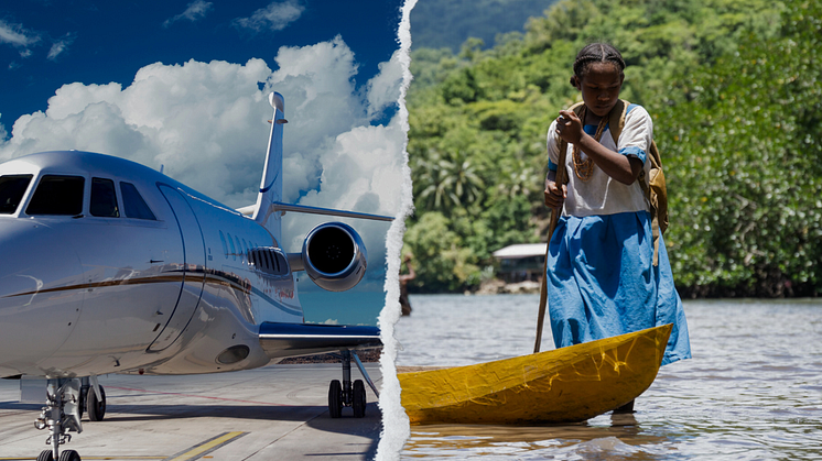 Ett privatjet. Foto: Canva / Shirley, 11 år, tar upp sin kanot. På grund av ökade havsnivåer kan hon inte längre gå till skolan, utan måste åka långt med kanot, ensam. Salomonöarna, 2022. Foto: Ivan Utahenua