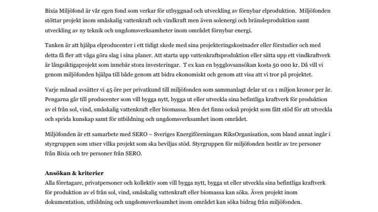 Bixia miljöfond delar ut 500 000 kr till lokala elproducenter