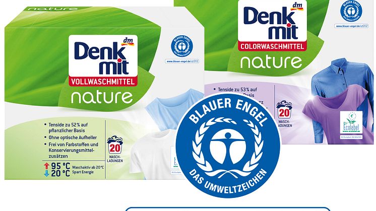 Die neuen Denkmit nature Waschmittel sind mit dem Umweltzeichen Blauer Engel** ausgezeichnet