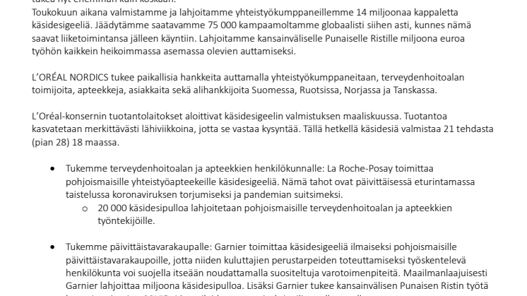 L’Oréal-konserni on käynnistänyt eurooppalaisen avustusohjelman tukeakseen eri tahoja taistelussa koronavirusta vastaan