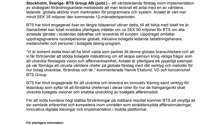 BTS Group AB tecknar avtal värt minst SEK 35 miljoner med ett globalt, ledande programvaruföretag