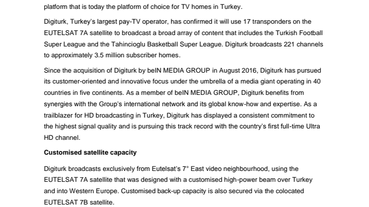 Eutelsat renews long-term video capacity agreement with Digiturk