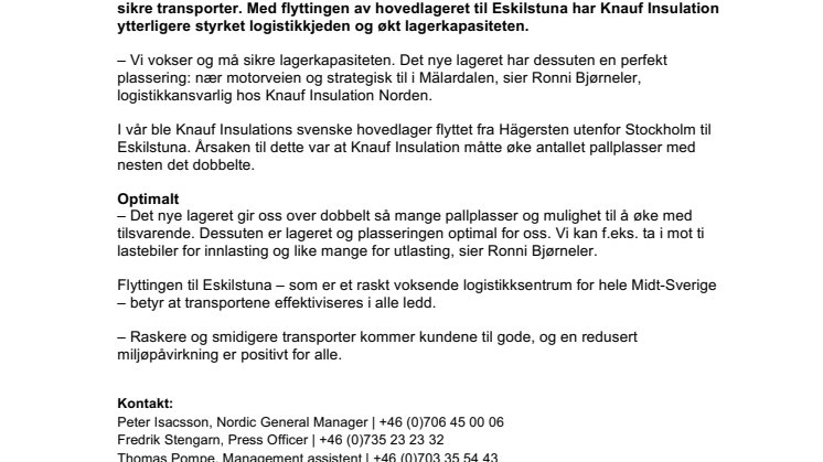 Knauf Insulations nye hovedlager gir raske og sikre leveranser