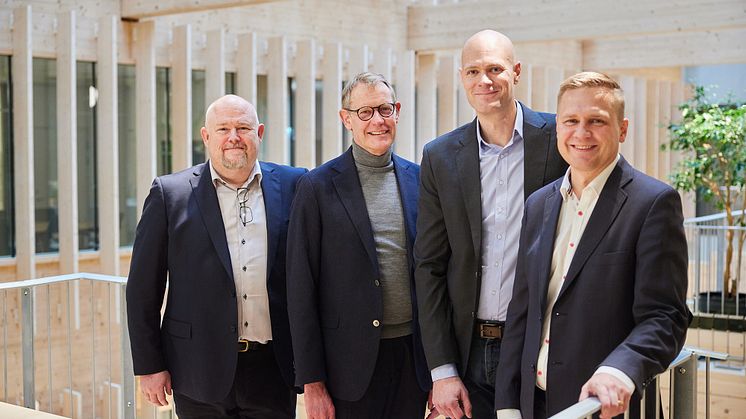 NCC och Strängbetong har ingått ett samarbetsavtal; Stefan Ohlsson VD Strängbetong, Pär Lundström Head of Purchasing Buildings NCC, Mattias Olsson Head of business development and sustainability, Strängbetong och Dick Sjölund Category manager, NCC.