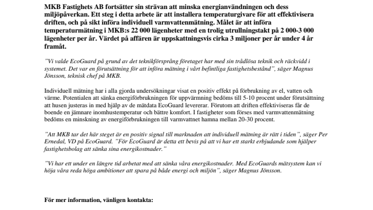 MKB Fastighets AB i Malmö väljer EcoGuard i Sveriges hittills största upphandling av Individuell Mätning