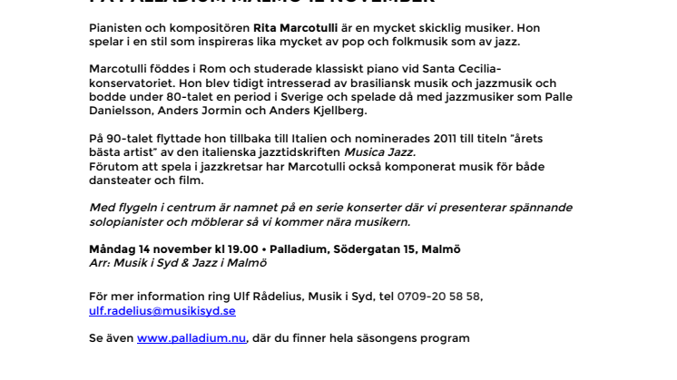 Med flygeln i centrum – Rita Marcotulli på Palladium Malmö 14 november
