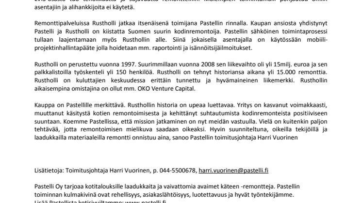 Pastelli osti Rusthollin liiketoiminnot