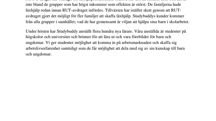 Studybuddy välkomnar införande av RUT-avdrag för läxhjälp på gymnasiet!