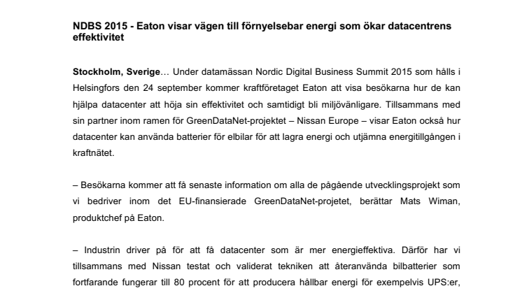 ​NDBS 2015 - Eaton visar vägen till förnyelsebar energi som ökar datacentrens effektivitet