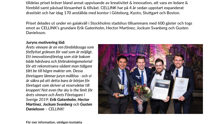 CELLINK utses till Årets företagare i Sverige 2019