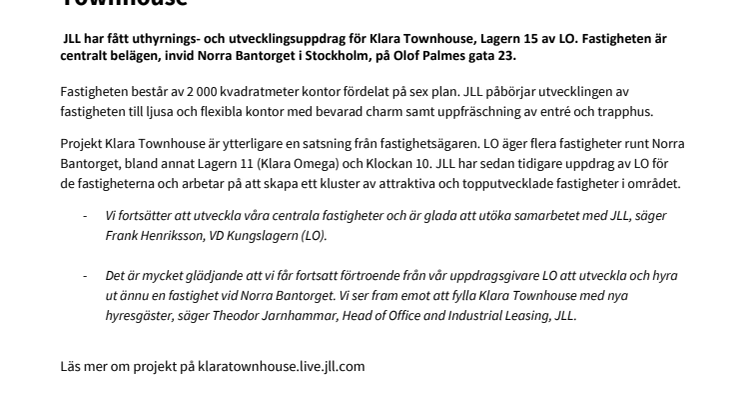 JLL får uthyrnings- och utvecklingsuppdrag för Klara Townhouse 