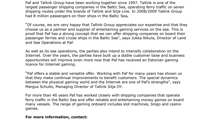 Paf signs new agreement with Tallink Group