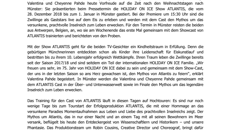 Gaststars und Schauspielzwillinge Valentina und Cheyenne Pahde stellen HOLIDAY ON ICE Show ATLANTIS in Münster vor