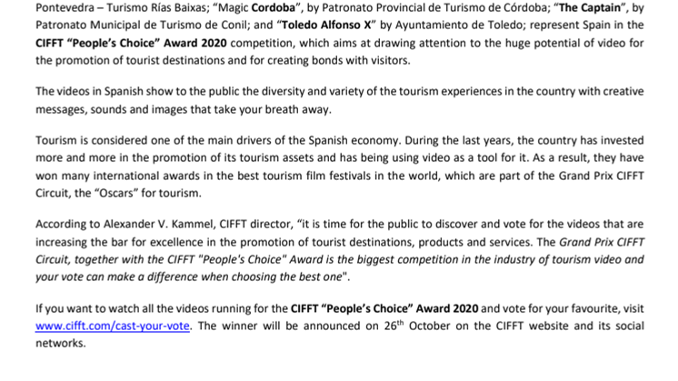 Six Spanish videos are running for the title of World’s Best Tourism Film