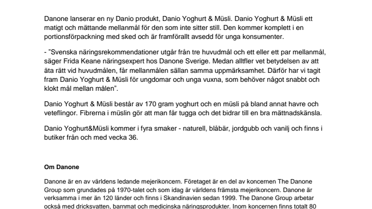 Danio Yoghurt & Müsli lanseras i Sverige 