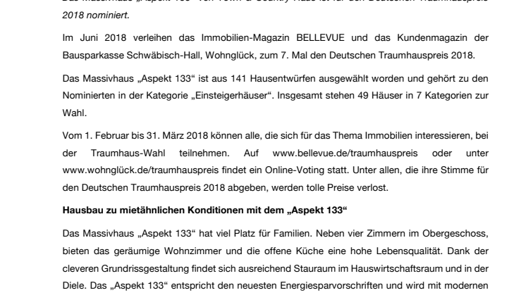 Deutscher Traumhauspreis 2018: Town & Country Haus ist nominiert!