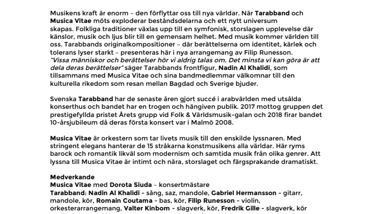 Biljettsläpp idag! I en större värld... – Tarabband möter Musica Vitae. Turnépremiär på Palladium Malmö 21 mars
