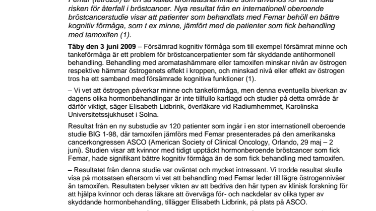 Bröstcancer på ASCO: Femar ger bättre kognitiv funktion än tamoxifen