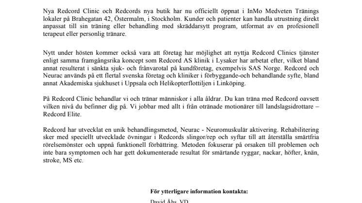Redcord öppnar klinik och butik på Östermalm i Stockholm 