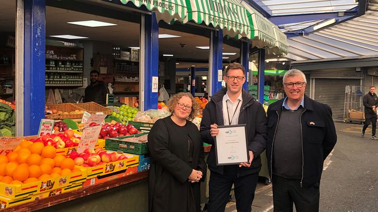 On Bury Market are (from left) Leanne Clowting (CPT membership director), Simon Green (Bury Market manager) and Phil Smith (CPT coaching manager).