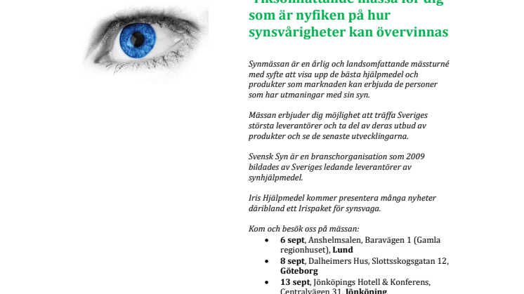 SYNMÄSSAN 2016 -riksomfattande mässa för dig som är nyfiken på hur synsvårigheter kan övervinnas