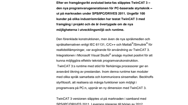 TwinCAT 3 från Beckhoff på marknaden!