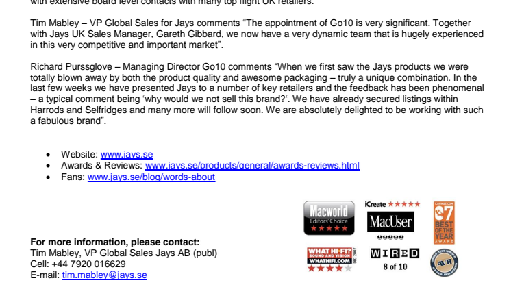Go10 Appointed to drive UK Sales for Jays