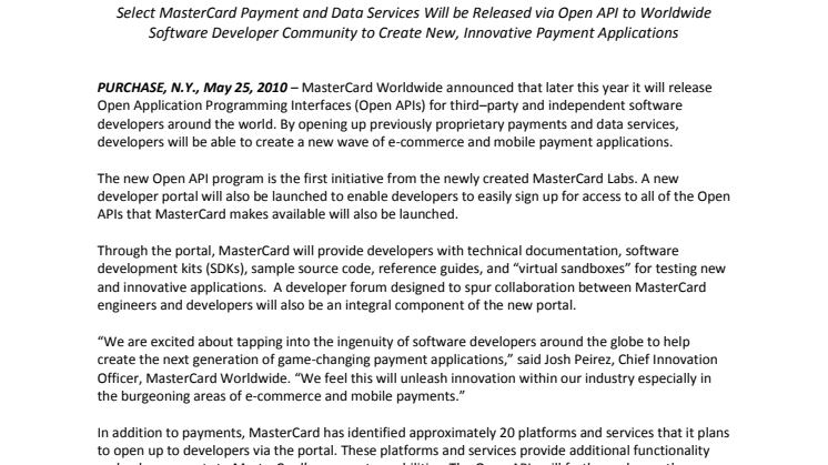 MasterCard to Unleash Payment Innovation by Launching New Open API Developer Portal