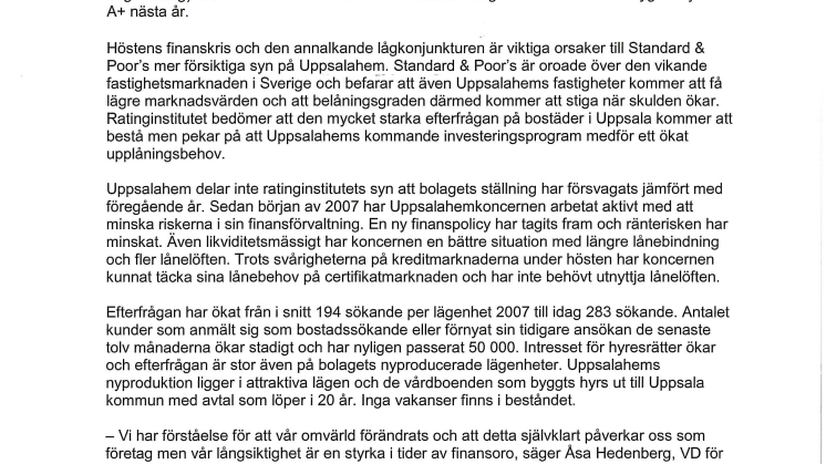 Standard & Poor’s fastställer Uppsalahems rating till A/Stabil/A-1/K-1